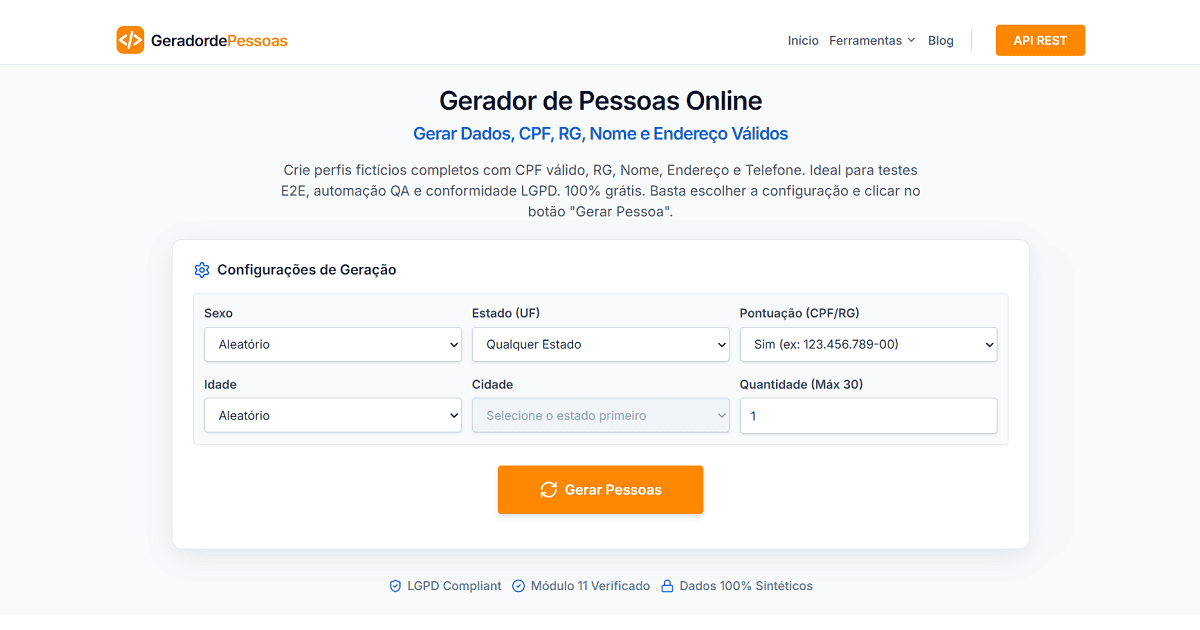 Prévia da interface do Gerador de Pessoas